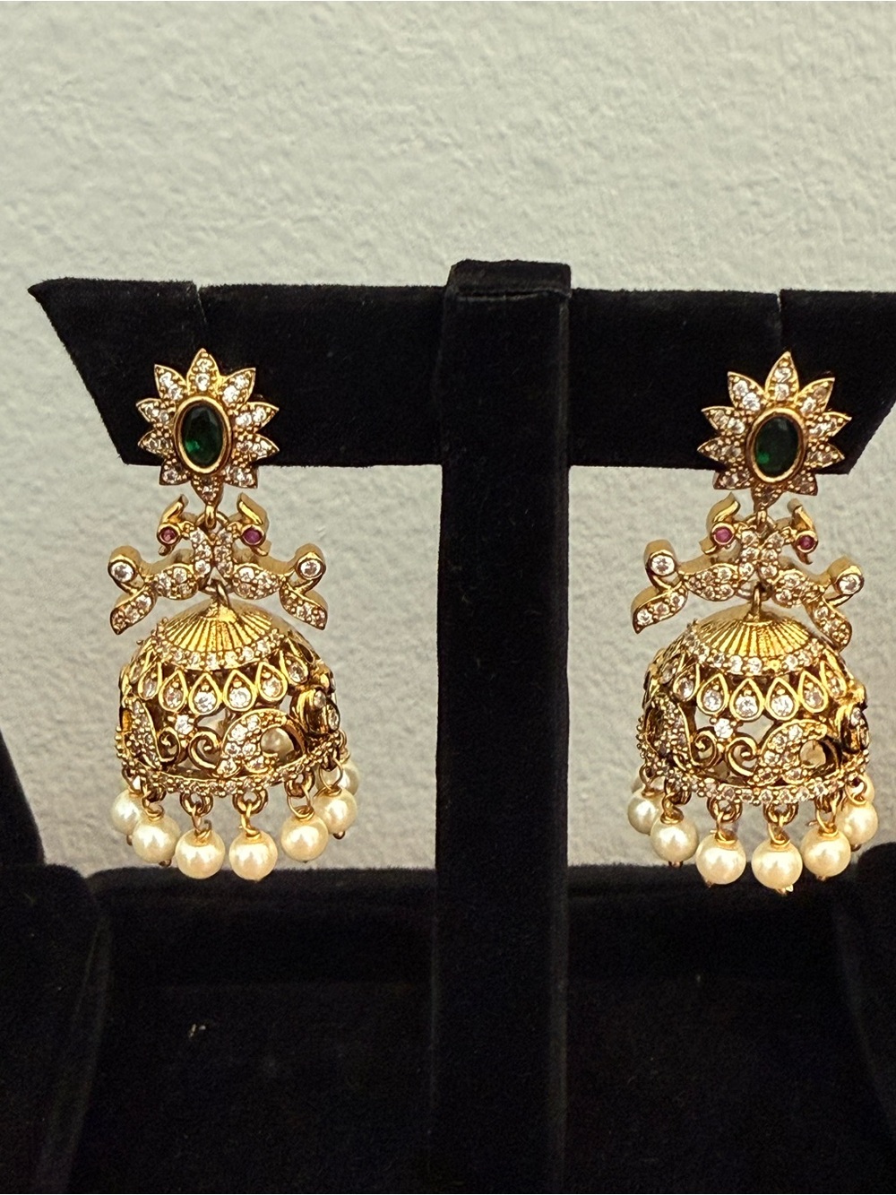 Gold-Tone Jhumka Earrings with Green Stone and Pearl Drops